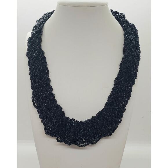 Black Glass Bead Multi Strand Braided Necklace Chunky Wide Twist Collar Choker - Picture 1 of 10